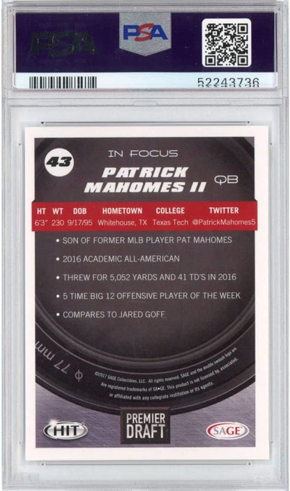 Graded 2017 Sage SA-GE Hit Patrick Mahomes II #43 Premier Draft Rookie RC Football Card PSA 10 Gem Mint