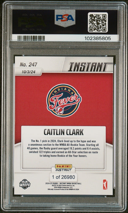 Graded 2024 Panini Instant WNBA Caitlin Clark #247 2024 WNBA All Rookie Team Rookie RC Basketball Card PSA 10 Gem Mint