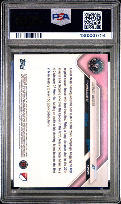 Graded 2025 Topps Now Lionel Messi #47 1st Miami Player to Reach 50 Goal Contributions Soccer Card PSA 10 Gem Mint