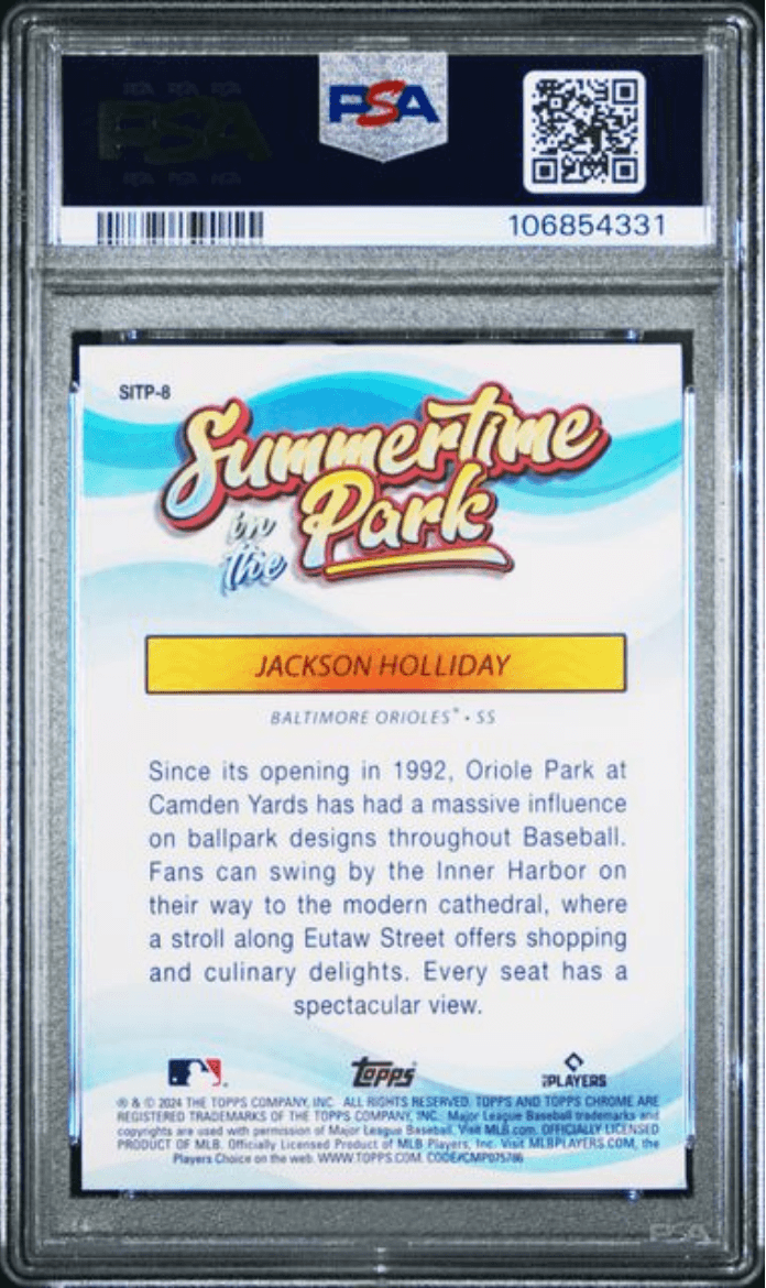 Graded 2024 Topps Chrome Jackson Holliday #8 Summertime in the Park Rookie RC Baseball Card PSA 10 Gem Mint