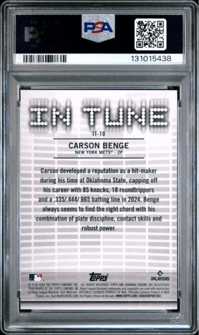Graded 2024 Topps Bowman Draft Carson Benge #IT10 In Tune Rookie RC Baseball Card PSA 10 Gem Mint