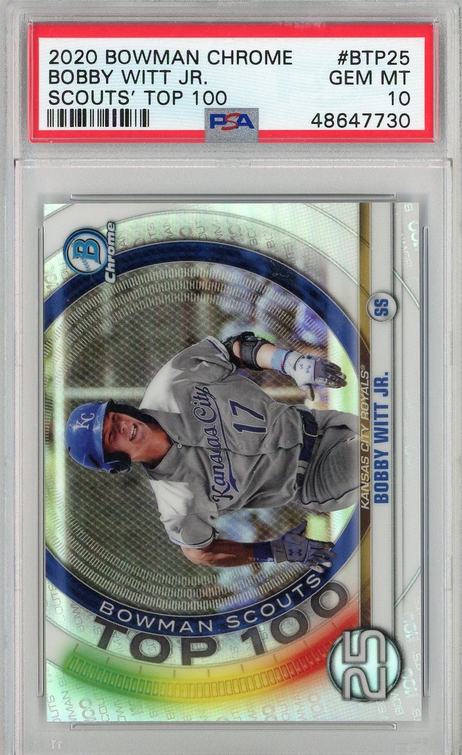 Graded 2020 Bowman Chrome Bobby Witt Jr #BTP25 Scouts Top 100 Rookie RC Baseball Card PSA 10 Gem Mint