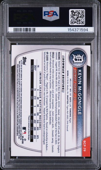 Graded 2025 Topps Bowman Chrome Kevin McGonigle #BCP79 Chrome Prospects Rookie RC Baseball Card PSA 10 Gem Mint