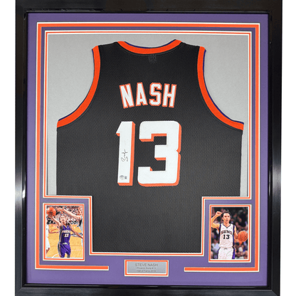 Framed Autographed/Signed Steve Nash 35x39 Phoenix Black Basketball Jersey Beckett BAS COA