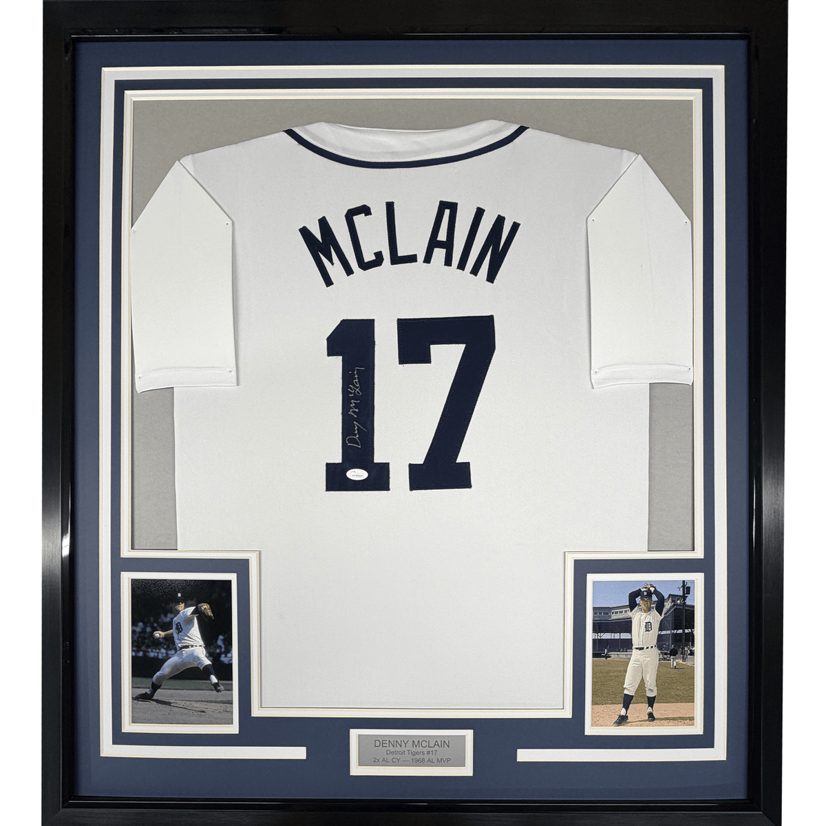 Framed Autographed/Signed Denny McLain 35x39 Detroit White Baseball Jersey JSA COA