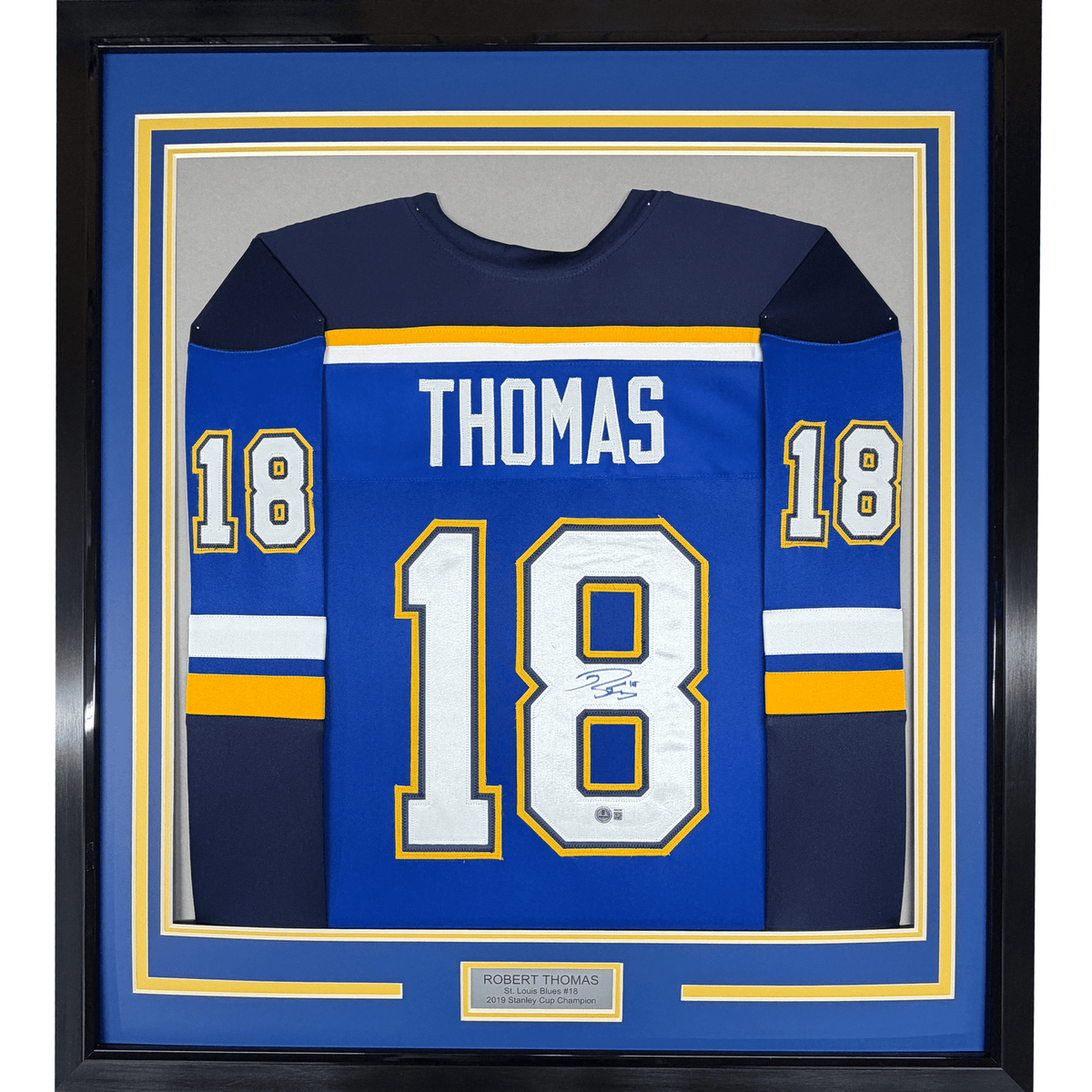 Framed Autographed/Signed Robert Thomas 35x39 St. Louis Blue Hockey Jersey Beckett BAS COA