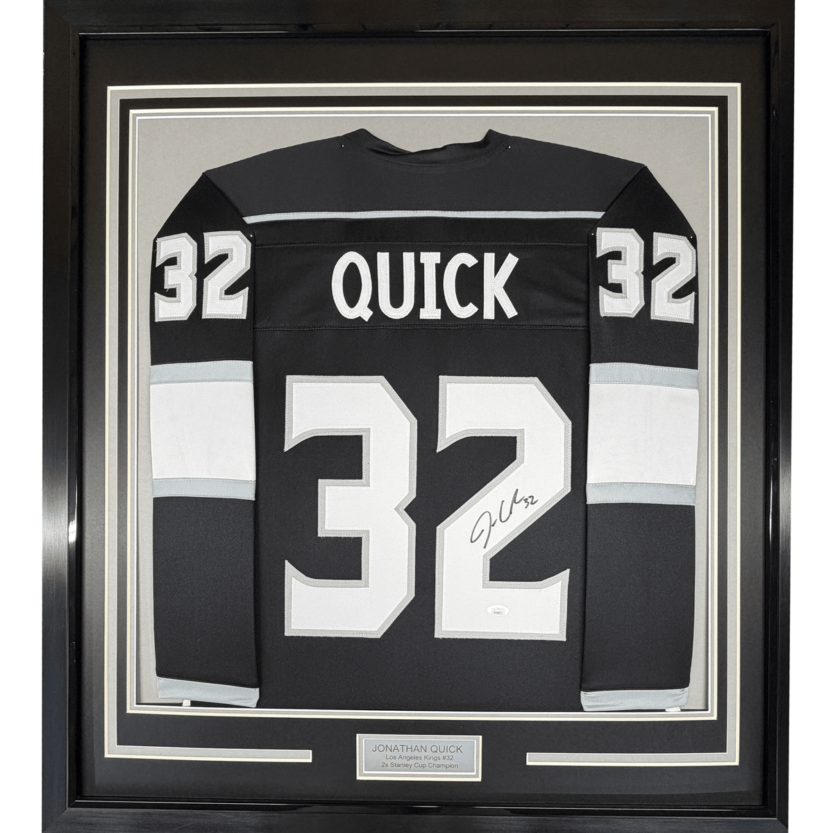 Framed Autographed/Signed Jonathan Quick 35x39 Los Angeles LA Black Hockey Jersey JSA COA