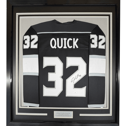 Framed Autographed/Signed Jonathan Quick 35x39 Los Angeles LA Black Hockey Jersey JSA COA