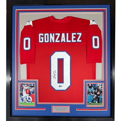 Framed Autographed/Signed Christian Gonzalez 35x39 New England Red Football Jersey Beckett BAS COA