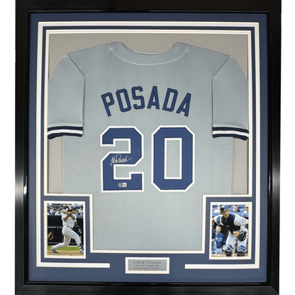 Framed Autographed/Signed Jorge Posada 35x39 New York Grey Baseball Jersey Beckett BAS COA