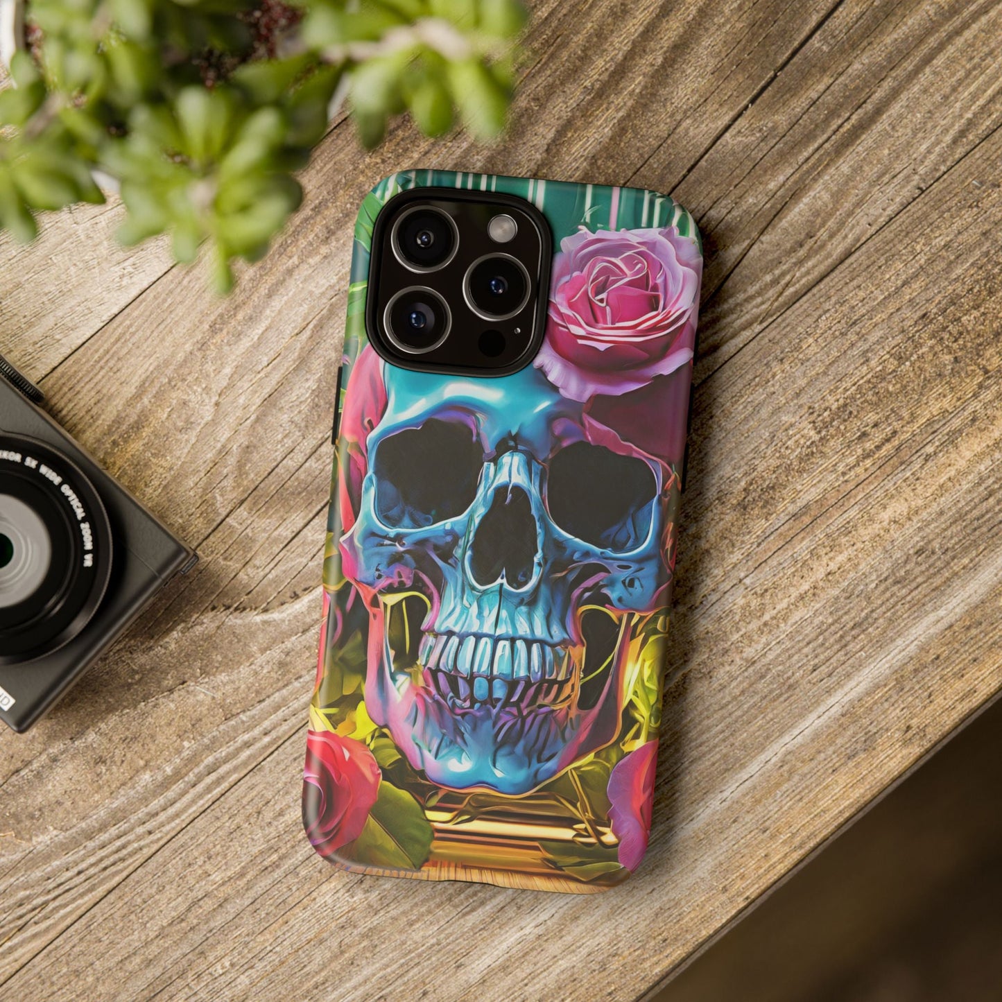 Neon Rose Skull Tough Phone Case