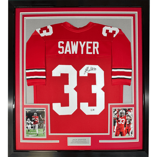 Framed Autographed/Signed Jack Sawyer 35x39 Ohio State Red College Football Jersey Beckett BAS COA