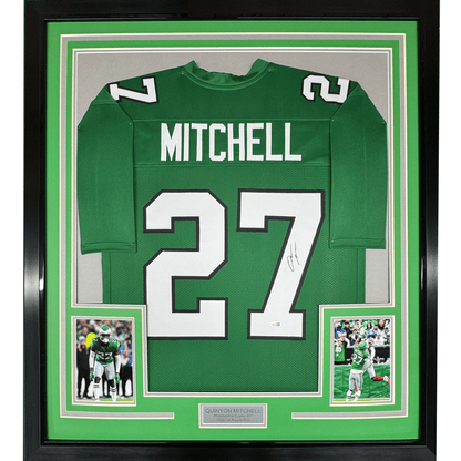 Framed Autographed/Signed Quinyon Mitchell 35x39 Philadelphia Kelly Green Football Jersey JSA COA