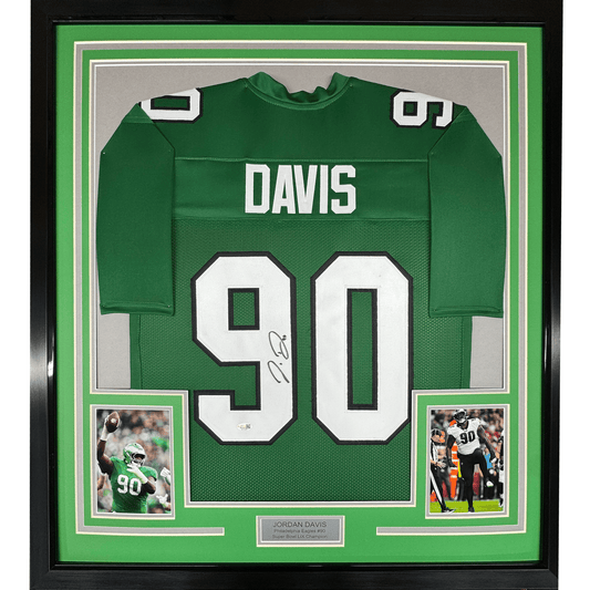 Framed Autographed/Signed Jordan Davis 35x39 Philadelphia Kelly Green Football Jersey Beckett BAS COA