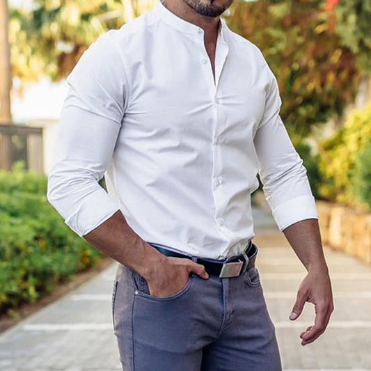 Mandarin Collar Shirt Men - Slim Fit Polyester Long Sleeve