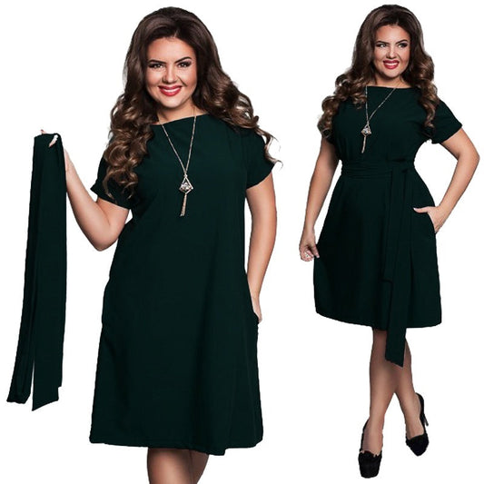 Soft Drape A-Line Plus Size Midi Dress with Belt - 3 Colors