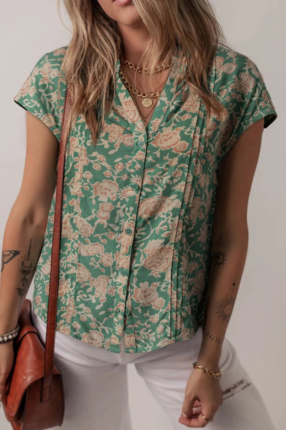 Printed Pleated Buttoned Notched Short Sleeve Blouse