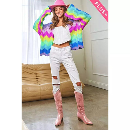 Rainbow Multi Color Wavy Knit Sweater Cardigan S-3X