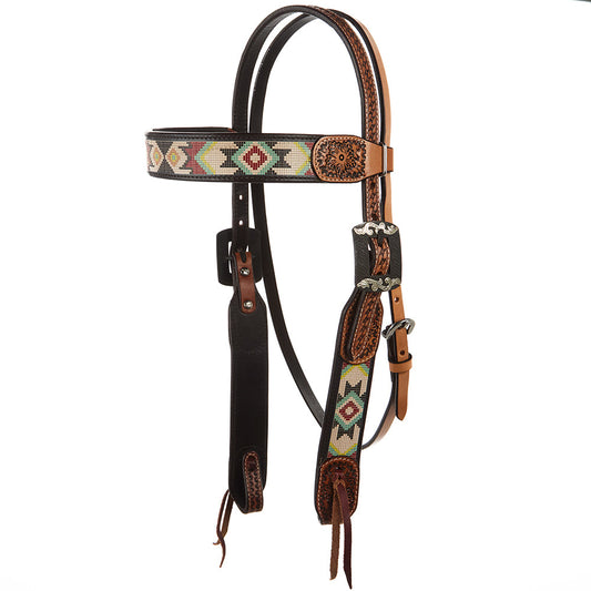 Turquoise And Rust Embossed Beadwork Browband Headstall