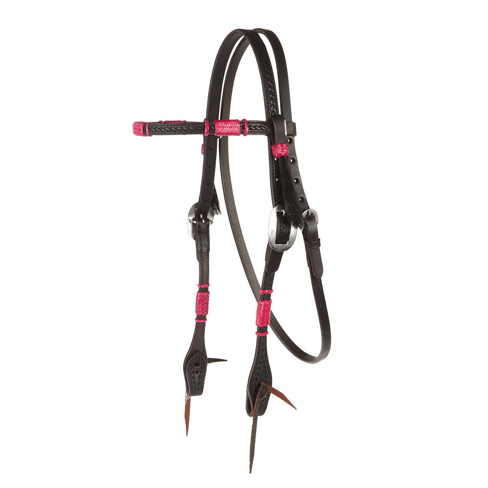 Hot Pink Rawhide Rope Tooled Browband Headstall