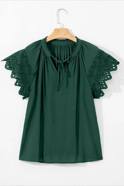 Eyelet Embroidered Sleeve Tie Neck Blouse