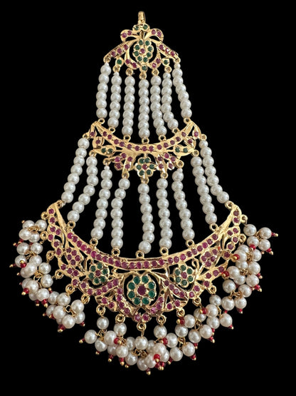 JTK12 AYRA jhoomar and tika in ruby emerald with pearls  ( READY TO SHIP  )