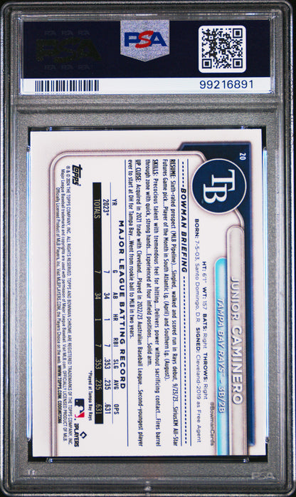 Graded 2024 Topps Bowman Mega Box Junior Caminero #20 Chrome Rookie RC Baseball Card PSA 10 Gem Mint