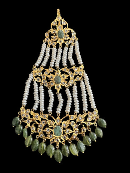 JTK11 Insha hyderabadi jhoomar tika in emeralds and fresh water pearls ( READY TO SHIP )