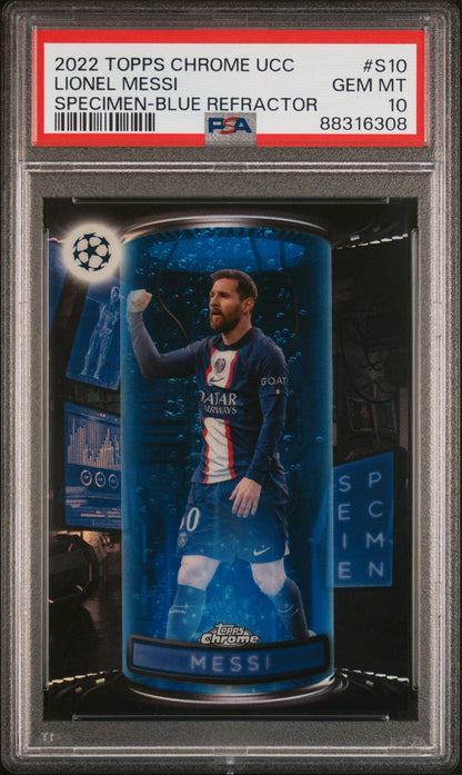 Graded 2022 Topps Chrome UCC Lionel Messi #S10 Blue Refractor #/150 Soccer Card PSA 10 Gem Mint