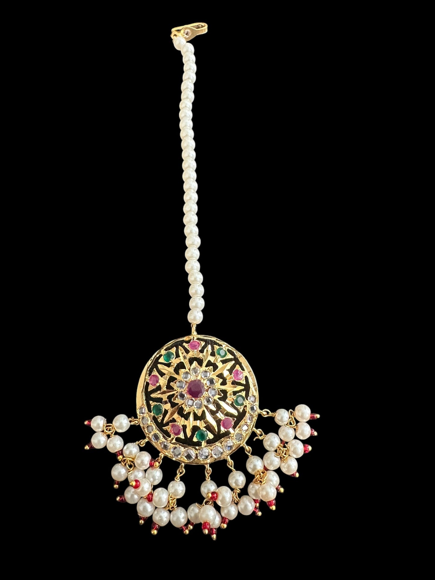 JTK12 AYRA jhoomar and tika in ruby emerald with pearls  ( READY TO SHIP  )