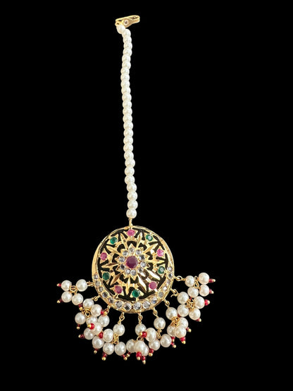 JTK12 AYRA jhoomar and tika in ruby emerald with pearls  ( READY TO SHIP  )