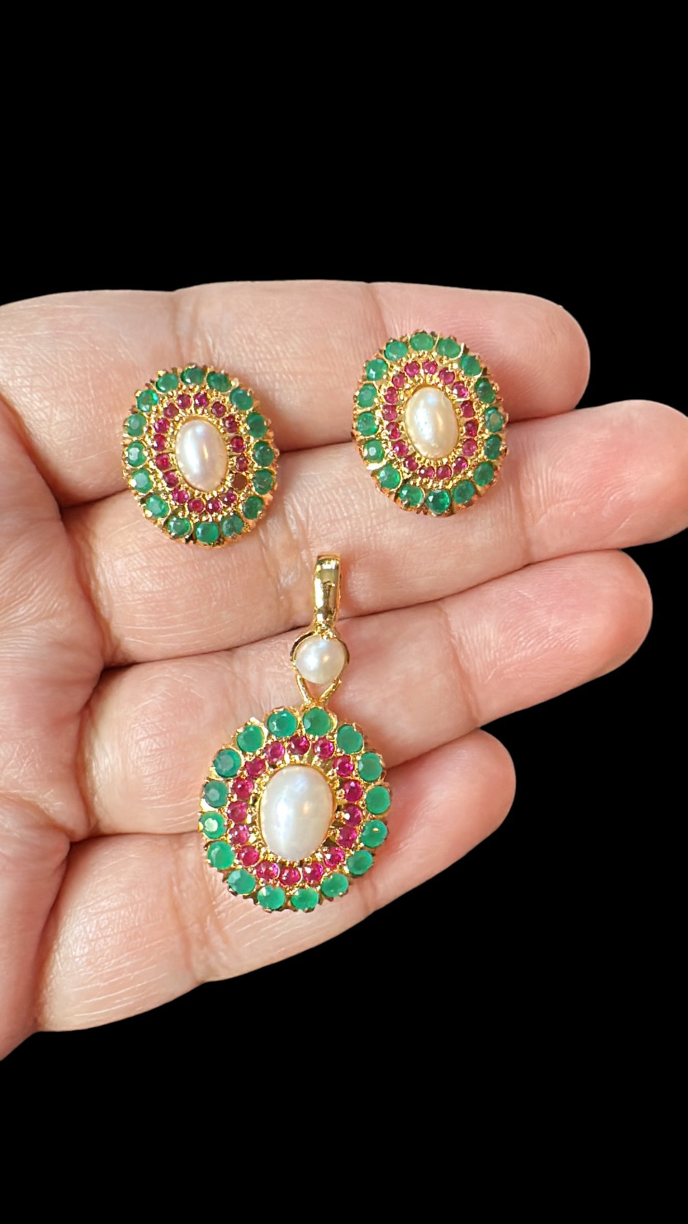 Gold plated jadau silver pendant set in ruby emeralds   ( SHIPS IN 4 WEEKS )