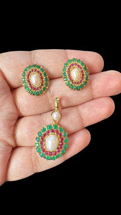 Gold plated jadau silver pendant set in ruby emeralds   ( SHIPS IN 4 WEEKS )