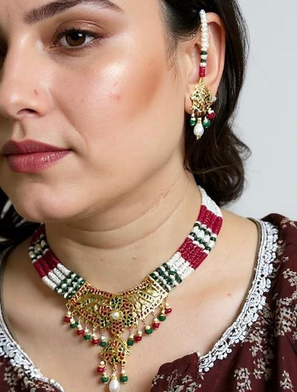 DNS207 Jadau necklace with earrings in ruby emerald zircon and real pearls ( READY TO SHIP )