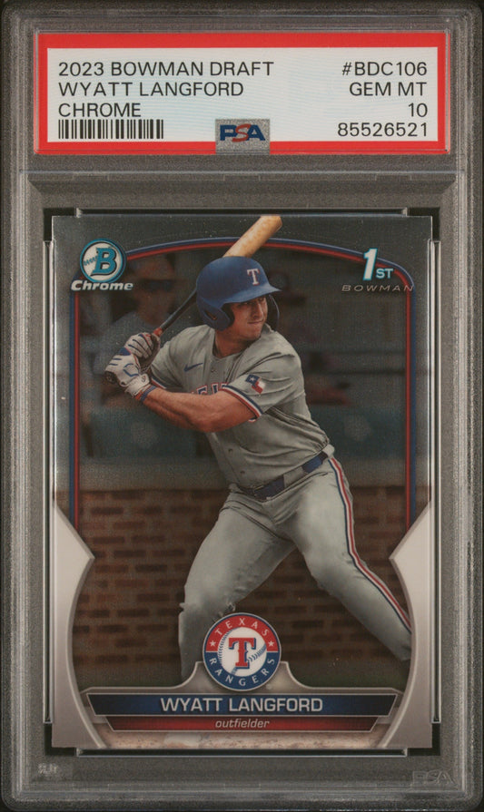 Graded 2023 Topps Bowman Draft Wyatt Langford #BDC106 Chrome Rookie RC Baseball Card PSA 10 Gem Mint