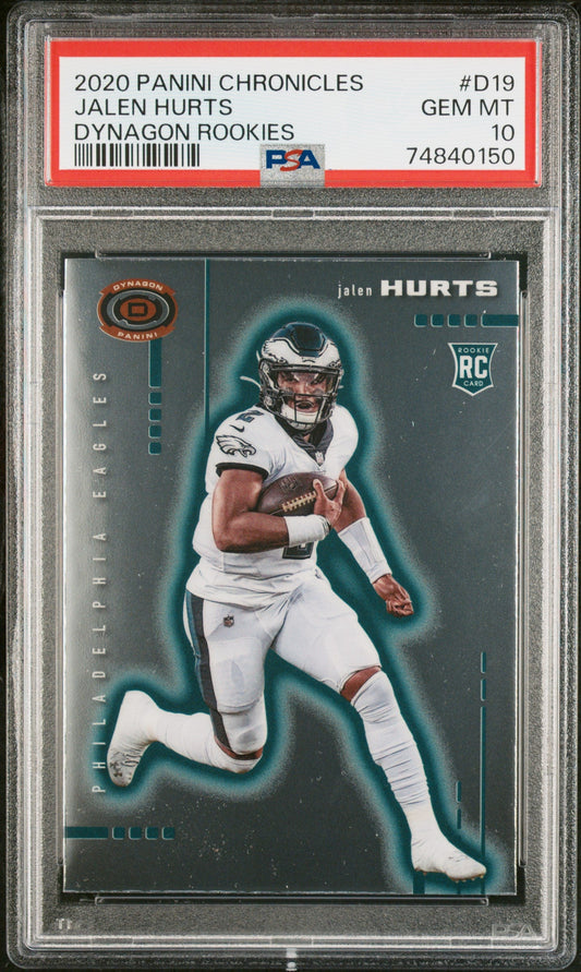 Graded 2020 Panini Chronicles Jalen Hurts #D19 Dynagon Rookies Rookie RC Football Card PSA 10 Gem Mint