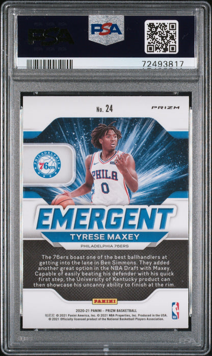 Graded 2020 Panini Prizm Tyrese Maxey #24 Emergent Silver Prizm Rookie RC Basketball Card PSA 10 Gem Mint