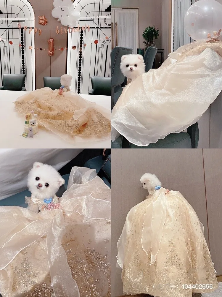 Handmade Luxury Champagne Gold Princess Dog Wedding Dress Glitter Lace Ball Gown for Small Dogs