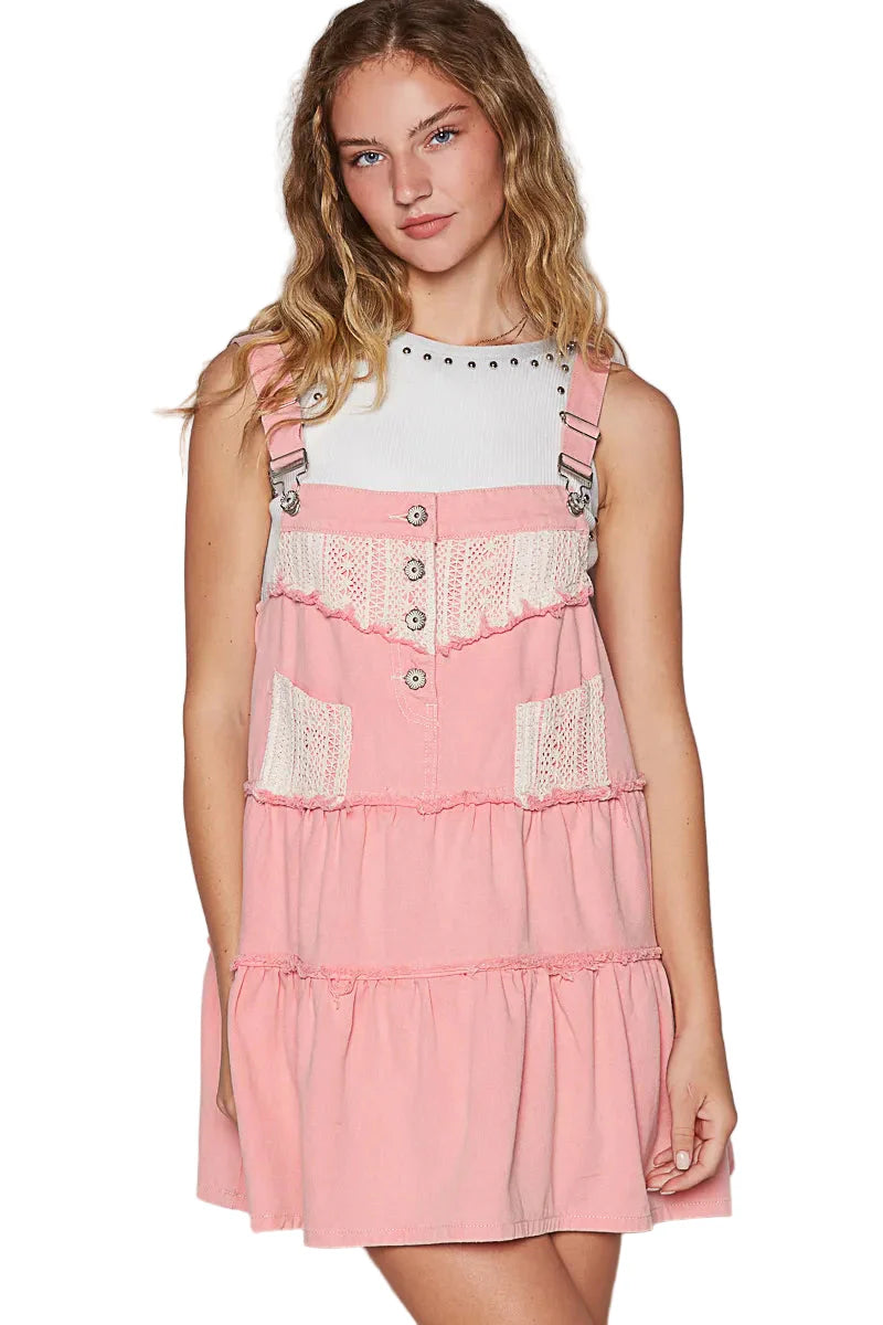 Lace Patchwork Detail Denim Overall Dress