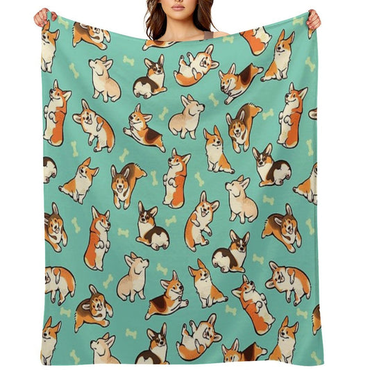 Jolly Corgis in Green Throw Blanket