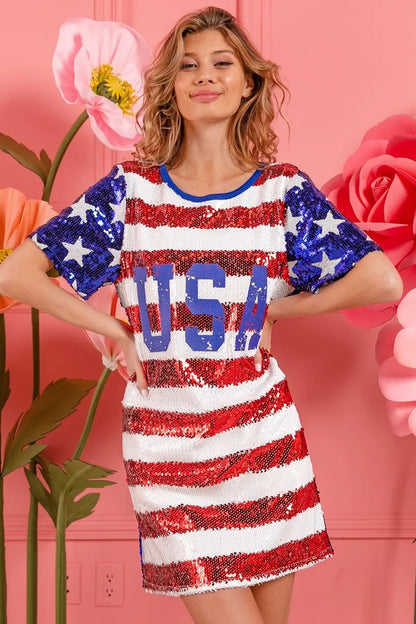 BiBi American Flag Theme Usa Print Sequin Dress