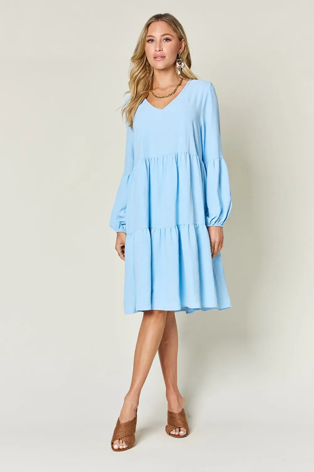 Full-Size V-Neck Balloon Sleeve Tiered Dress with Pockets