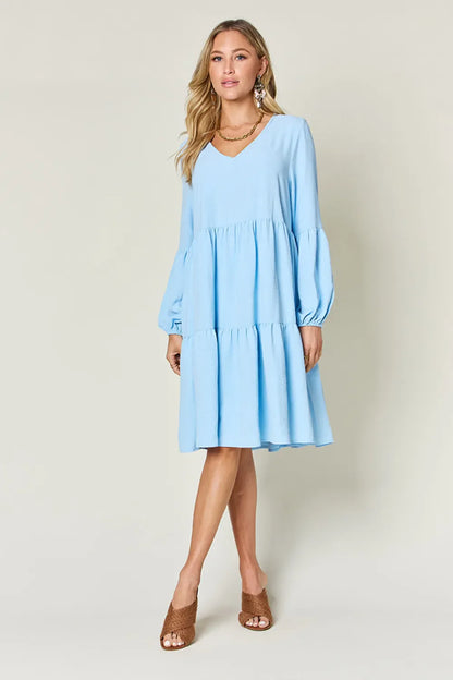 Full-Size V-Neck Balloon Sleeve Tiered Dress with Pockets