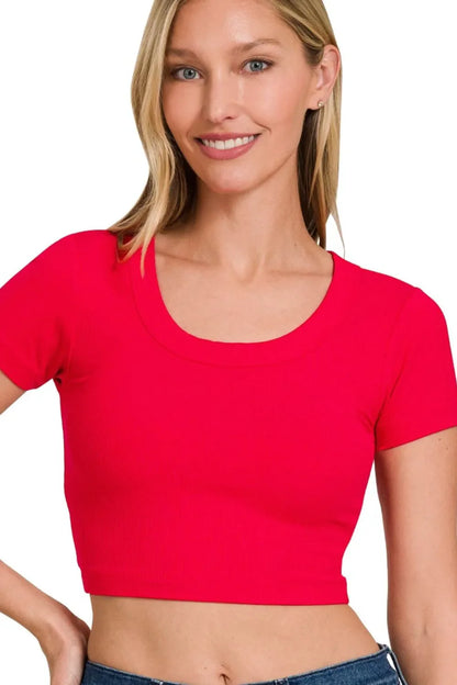 Zenana Ribbed Scoop Neck Crop Short Sleeve Top