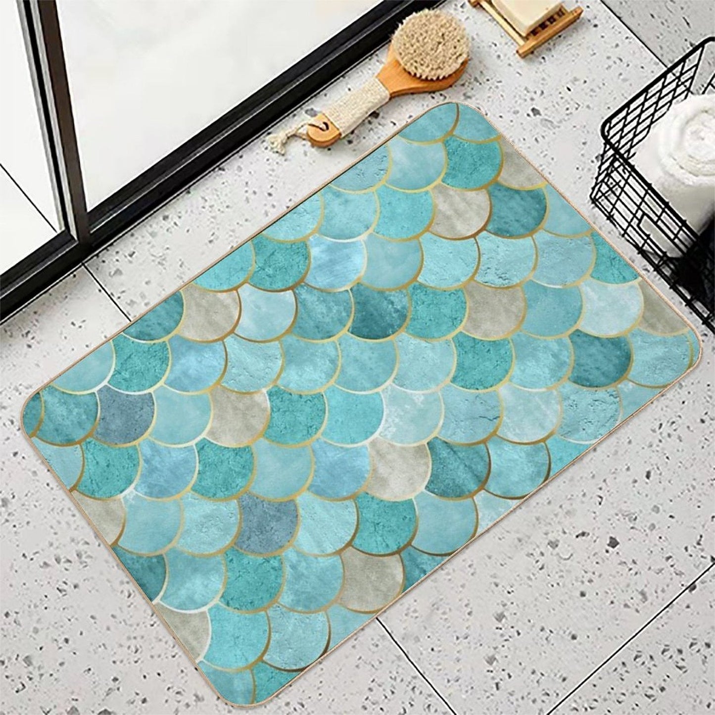 Moroccan Mermaid Fish Scale Pattern, Aqua,Teal Bath Mat