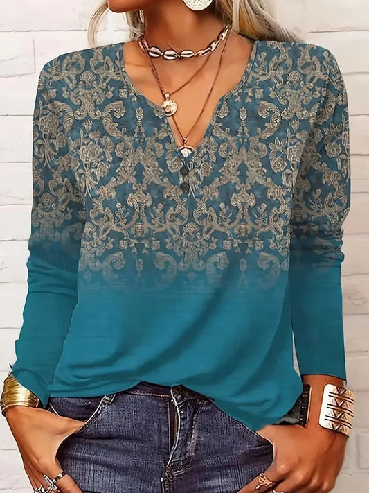 Women's Boho Vintage Print Long Sleeve Tee - Teal V-Neck Top