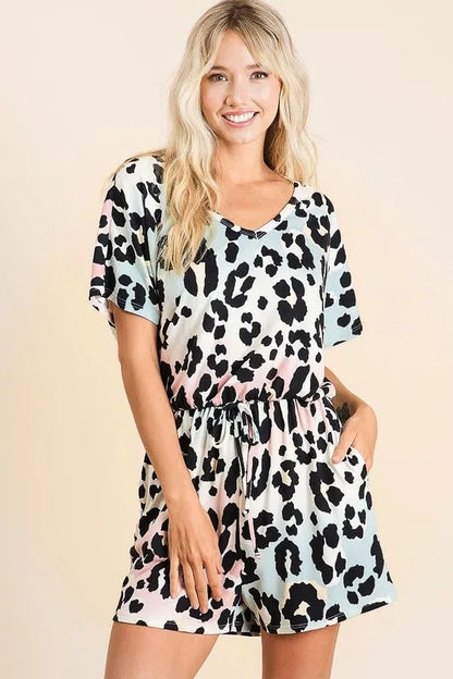 BiBi Gradation Leopard Soft Knit V-neck Romper
