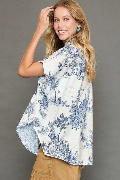 Umgee Full Size Two Tone Print Button Up Short Sleeve Shirt Plus Size