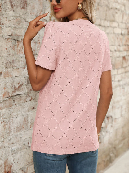 Eyelet Notched Short Sleeve Top