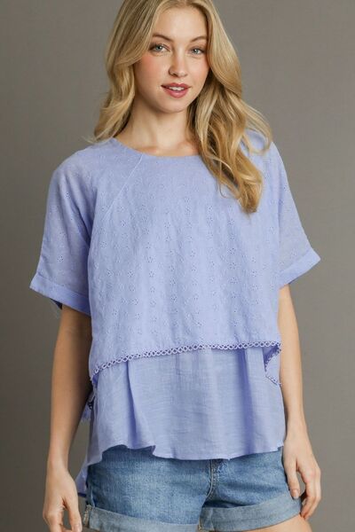 Umgee Full Size Eyelet Layered Short Sleeve Blouse Plus Size #2